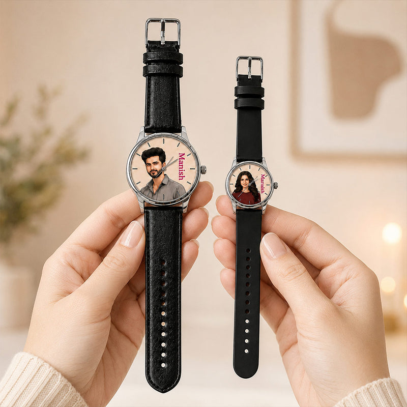 Personalized Couple Photo & Name Watch Set with Black Straps | Custom His & Her Watches | Matching Couple Gift | Love Craft Gifts™