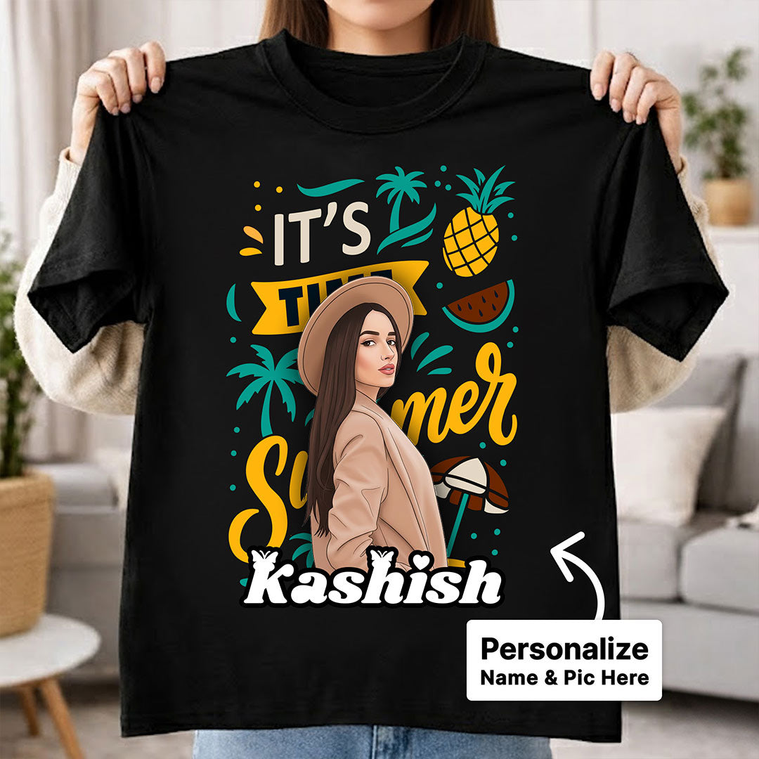 Personalized It’s Summer Cartoon Portrait Black T-Shirt – Custom Name & Photo Print | Love Craft Gifts