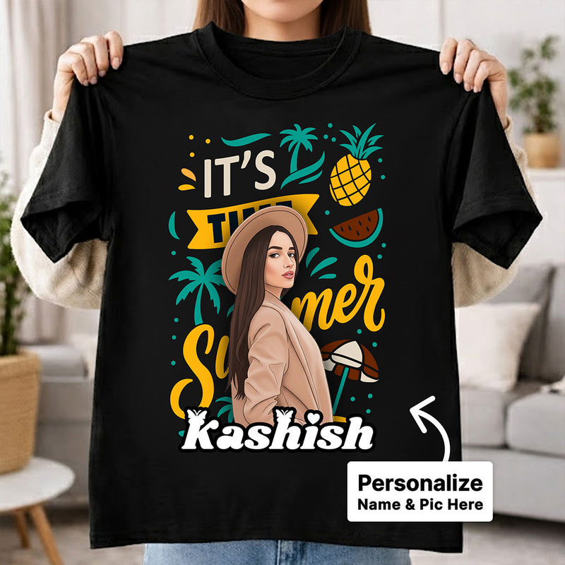 Personalized It’s Summer Cartoon Portrait Black T-Shirt – Custom Name & Photo Print | Love Craft Gifts