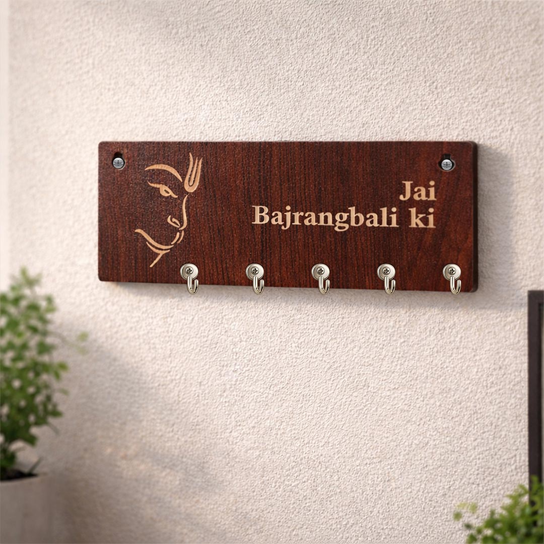 Spiritual wooden key holder with Bajrangbali design to keep your keys organized with divine blessings.