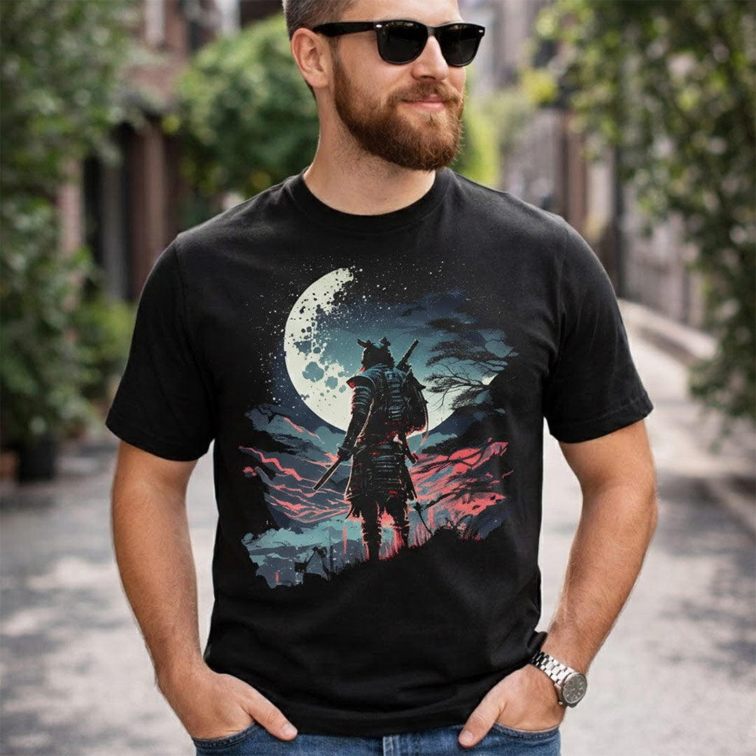 Samurai Moon Warrior Graphic Print Black T-Shirt – Unisex Casual Wear | Love Craft Gifts