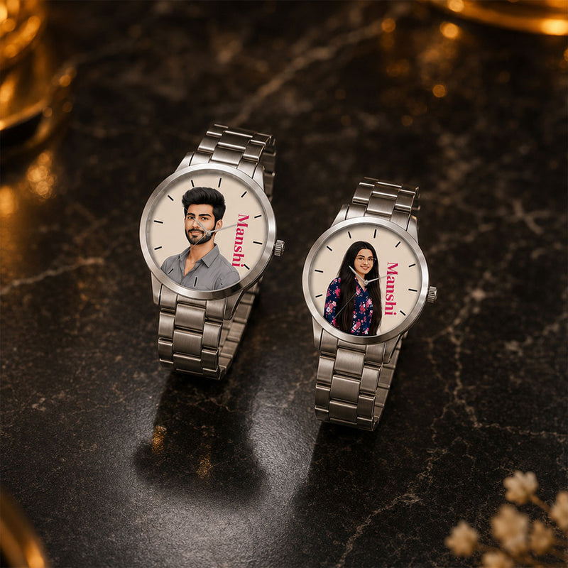 Personalized His & Her Photo & Name Watch Set with Silver-Tone Metal Straps | Romantic Gift | Love Craft Gifts™