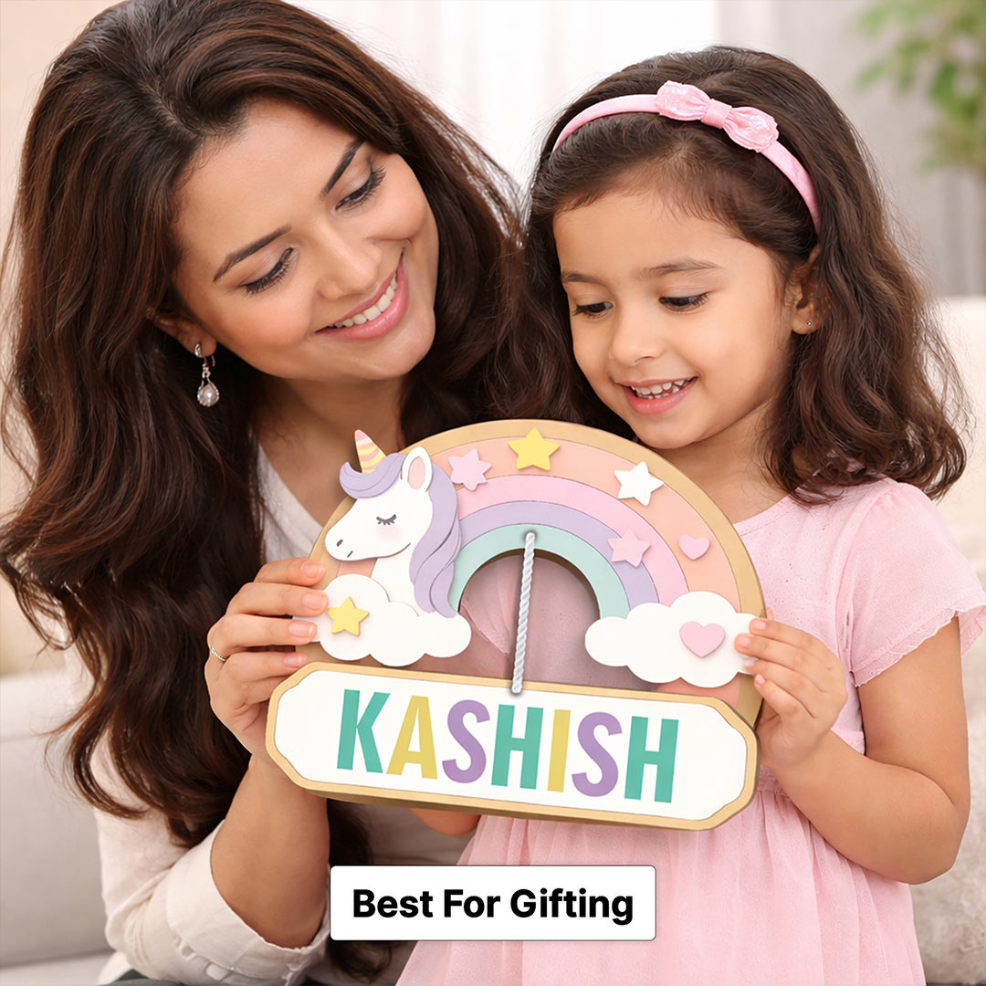 Personalized Unicorn Rainbow Name Wooden Hanging Wall Décor (9x8 Inch) | Love Craft Gifts