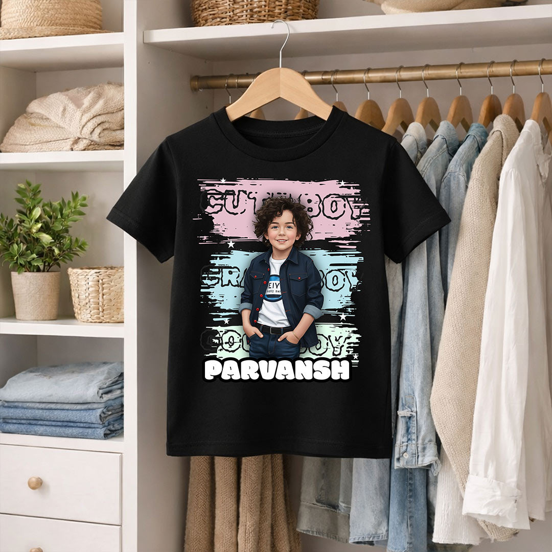 Personalized Cute Boy Photo T-Shirt – Custom Name & Picture Printed Black Tee for Kids | Love Craft Gifts
