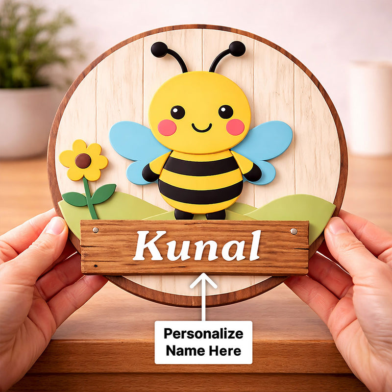 Personalized Kids Bee Name Wooden Door Sign Cute Cartoon Wall Decor 10x10" | Love Craft Gifts