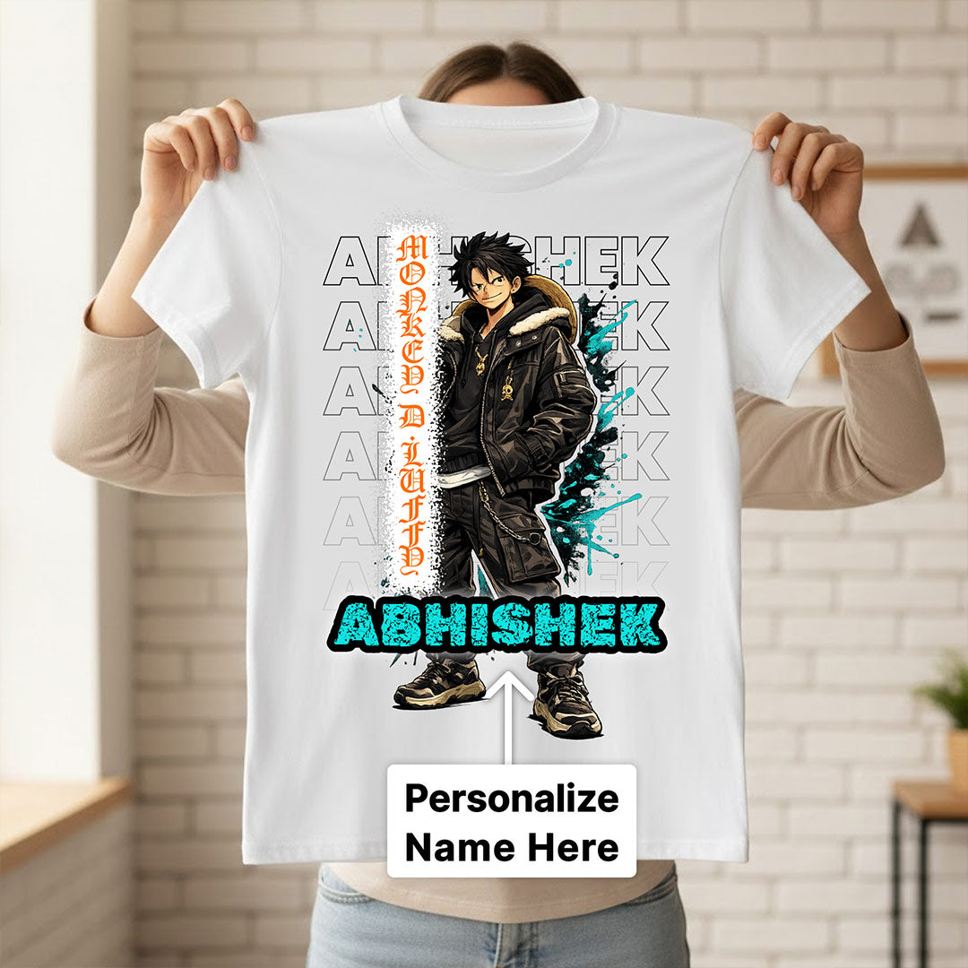 Personalized Monkey D Luffy Anime Name T-Shirt for Men & Women – Custom Printed White Graphic Tee | Love Craft Gifts