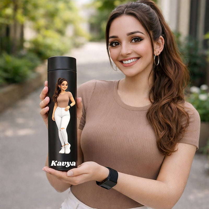 Personalized Cartoon Photo Water Bottle – Custom Name Printed Black Steel Bottle (500ml) Gift for Girls, Women & Friends | Love Craft Gifts
