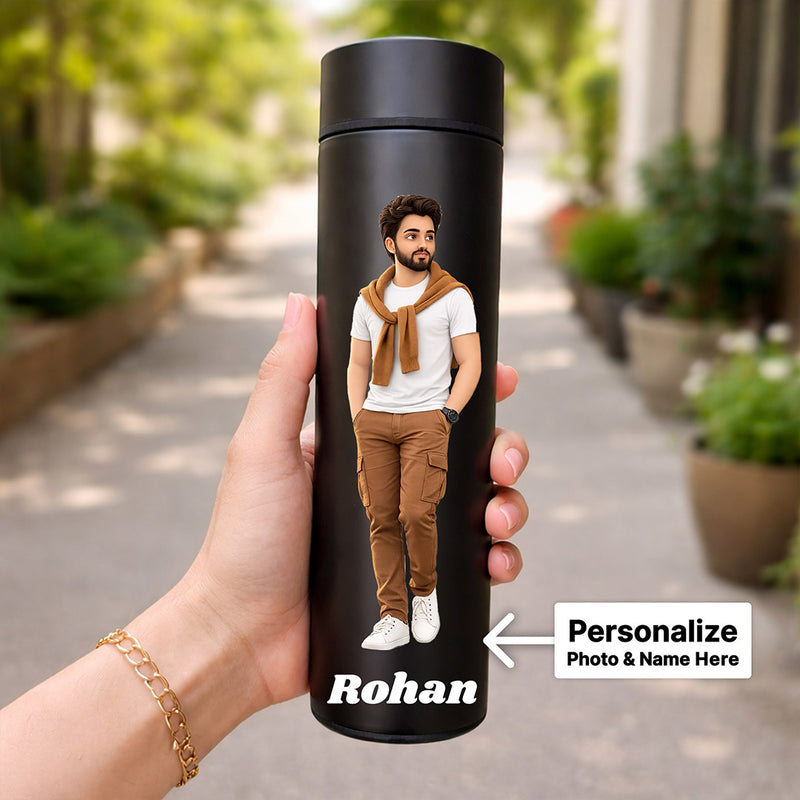 Personalized Temperature Display Water Bottle (500ml, Matte Black) Custom Photo & Name Smart Bottle Gift for Boys, Husband & Friends | Love Craft Gifts