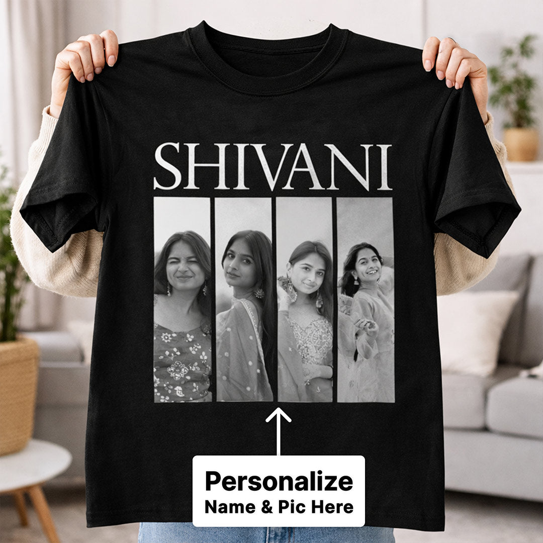 Personalized Name & Photo Collage Black T-Shirt – Custom Memory Print | Love Craft Gifts
