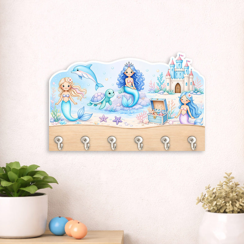 Personalized Mermaid Wooden Key Holder 10x6 Inch – Custom Name Kids Wall Hook Organizer Decor Gift | Love Craft Gifts™
