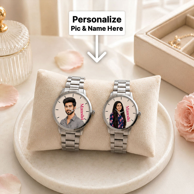 Personalized His & Her Photo & Name Watch Set with Silver-Tone Metal Straps | Romantic Gift | Love Craft Gifts™