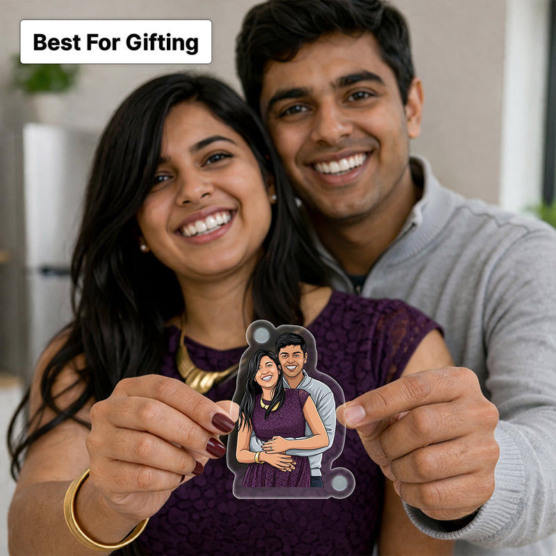 Personalized Acrylic Photo Fridge Magnet with Custom Cartoon Photo Print (3x3 Inch) Cute Refrigerator Magnet Gift for Couple, Husband & Wife | Love Craft Gifts