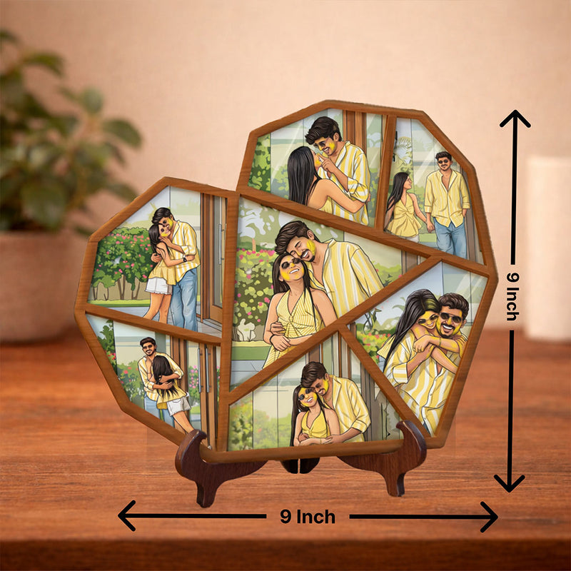 Personalized Multi Photo Wooden Collage Frame Table Stand – Custom Cartoon Photo Mosaic Frame Gift for Couples, Friends & Family (9x9 Inch) | Love Craft Gifts