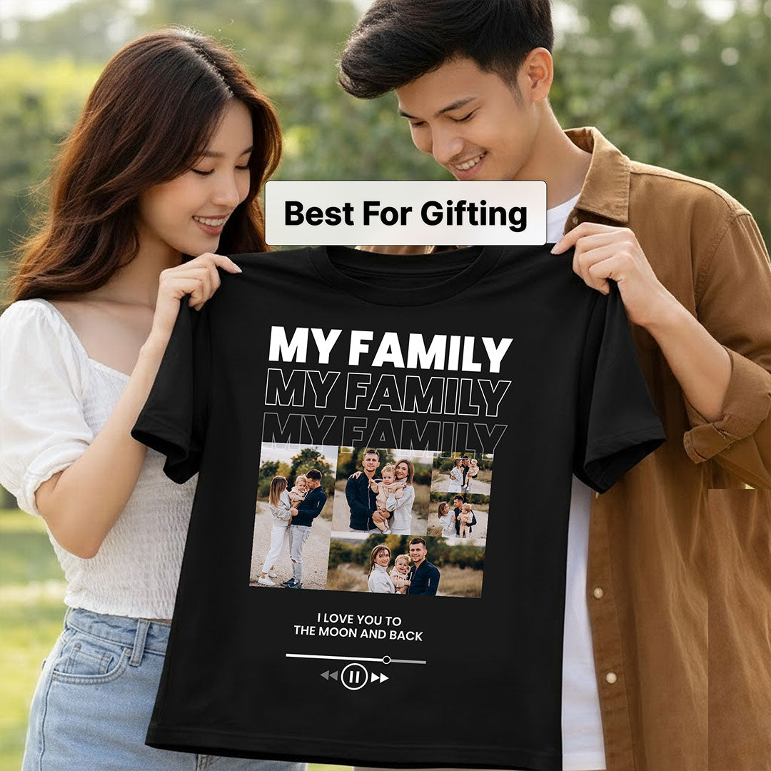 Personalized My Family Photo Collage Black T-Shirt – Custom Pics Printed | Love Craft Gifts