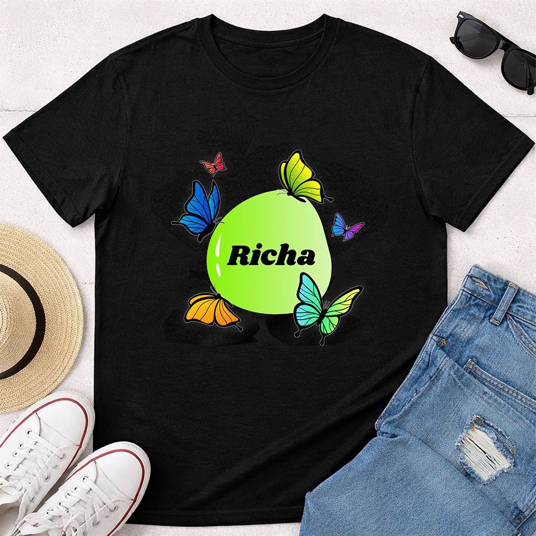 Personalized Butterfly Circle Name Print Black T-Shirt – Custom Unisex Tee | Love Craft Gifts