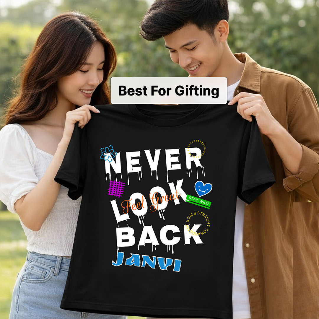 Personalized Never Look Back Name T-Shirt for Girls – Custom Printed Black Motivational Tee | Love Craft Gifts