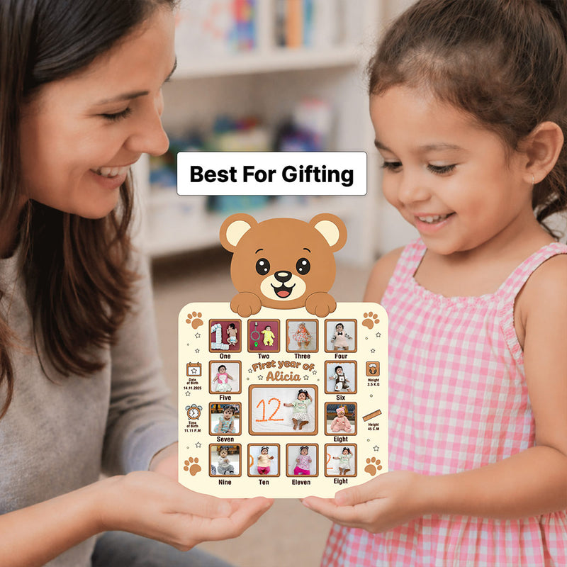 Personalized Baby First Year Photo Frame with Teddy Design – Custom Monthly Milestone Collage Wall Frame (11x15 Inch) | Love Craft Gifts™