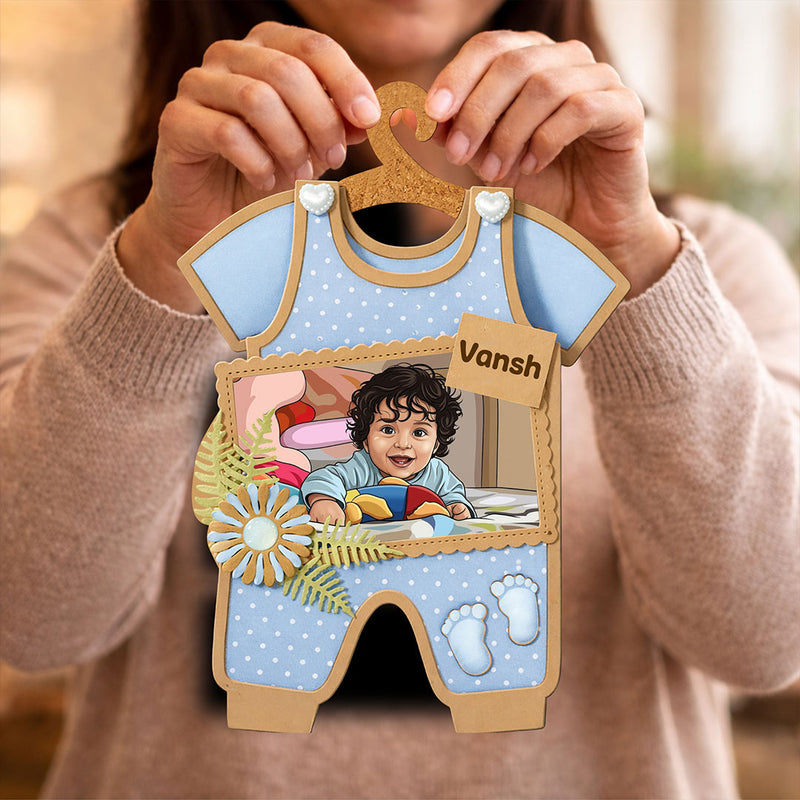 Personalized Baby Outfit Wooden Photo Frame (7x12 Inch) – Custom Name & Photo Hanging Gift | Love Craft Gifts™