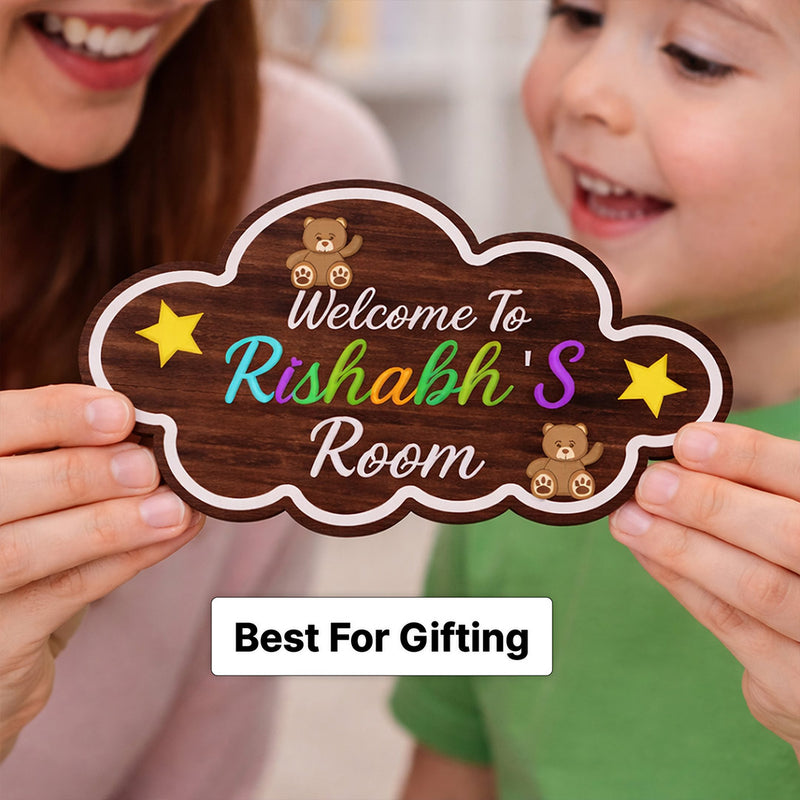 Personalized Kids Room Name Wooden Door Sign Welcome Cloud Design 11x6" | Love Craft Gifts