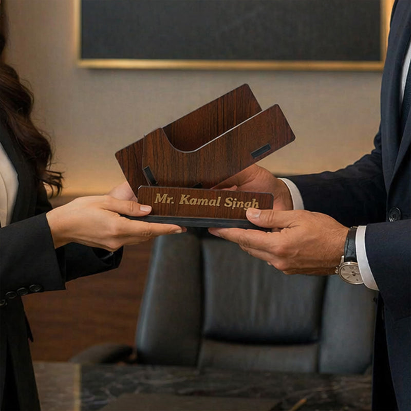 Personalized Wooden Visiting Card Holder – Custom Name Desk Organizer (5x5 Inch) Premium Office Gift for Professionals | Love Craft Gifts™