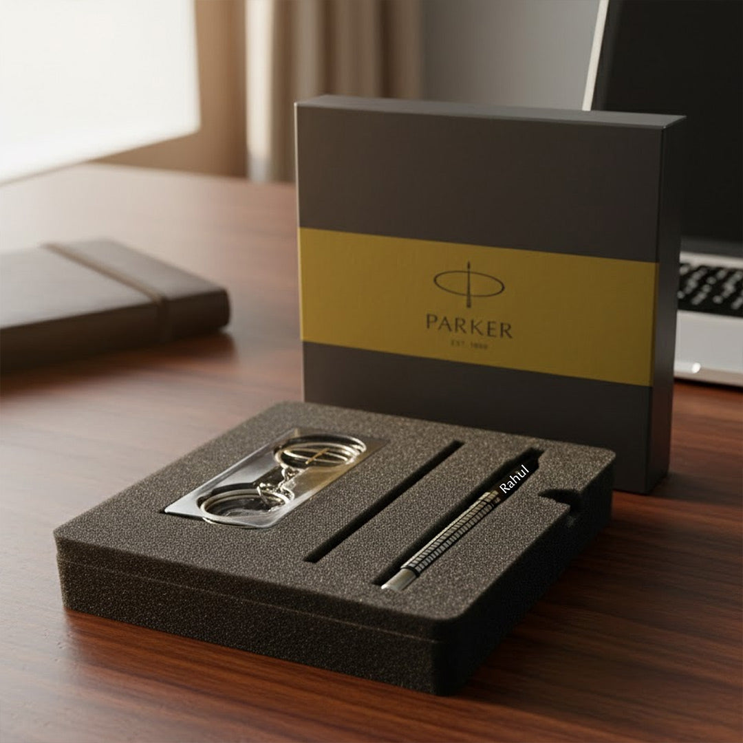 Parker Vector Gift Set Roller Ball Pen with Logo Round Key Chain – Premium Writing Gift Set | Love Craft Gifts