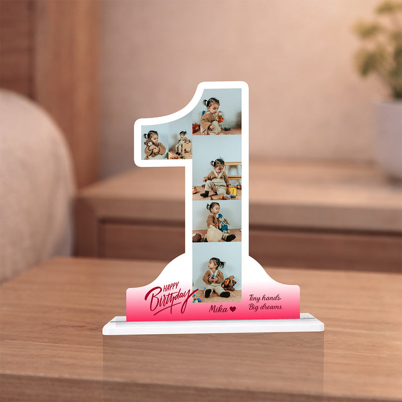 Personalized 1st Birthday Acrylic Photo Stand – Custom Number 1 Multi Photo Table Top with Name & Message (11x8 Inch) Baby Birthday Keepsake Gift | Love Craft Gifts