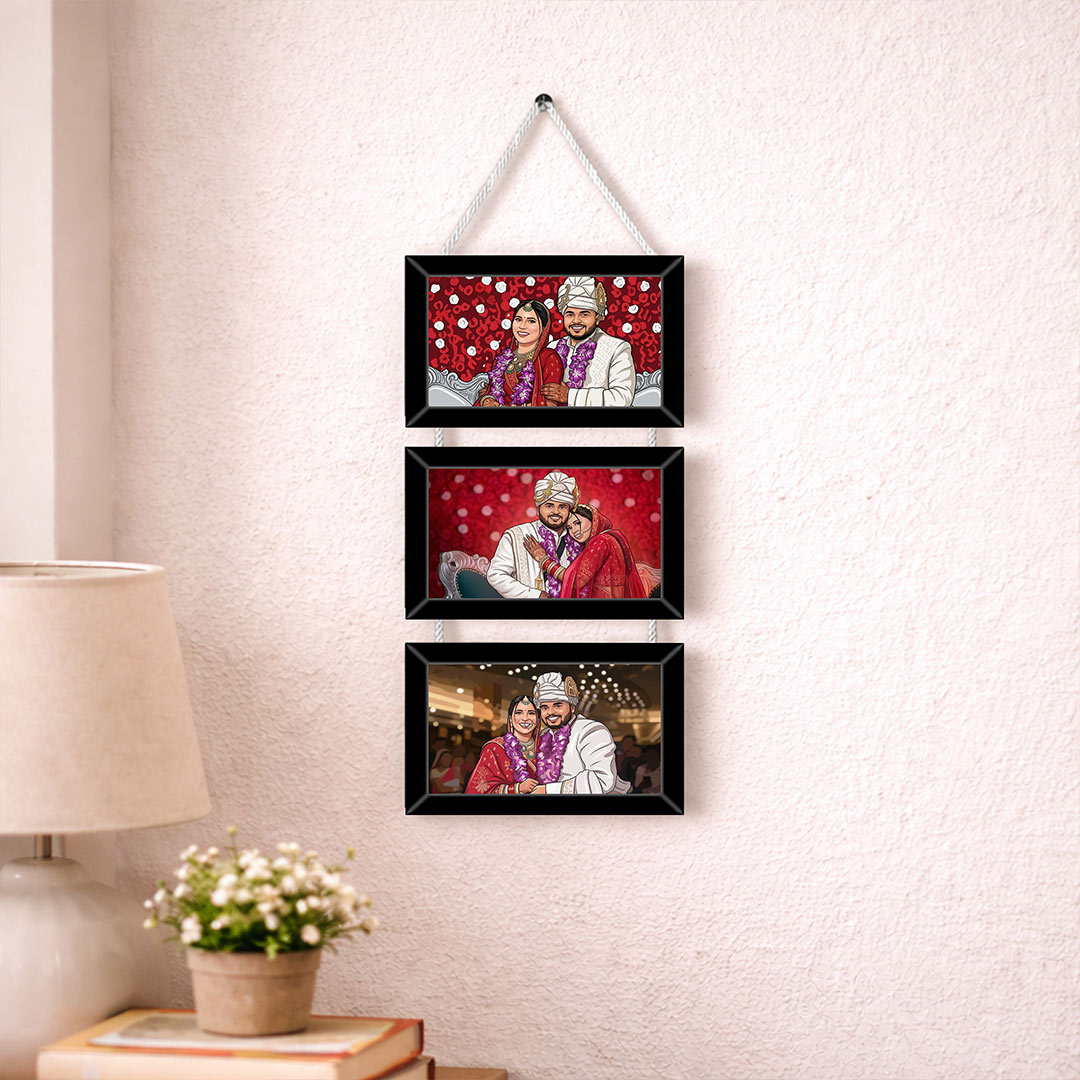 Personalized 3 Photo Hanging Frame – Custom Cartoon Couple Wall Décor (6x14 Inch) | Love Craft Gifts