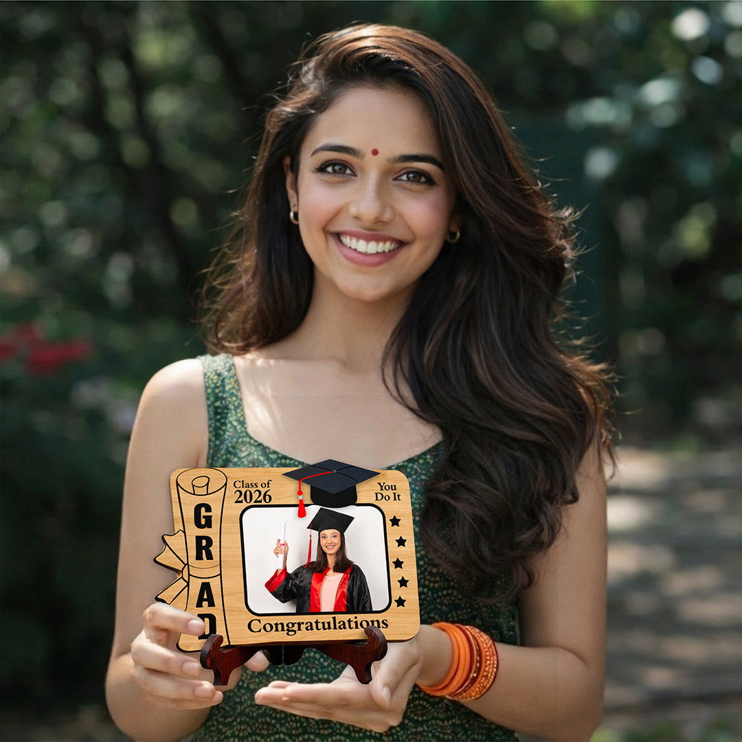 Personalized Graduation Photo Frame Wooden Table Stand (Class of 2026) – Custom Photo & Name Graduation Gift for Students, Friends & Loved Ones (6x6 Inch) | Love Craft Gifts