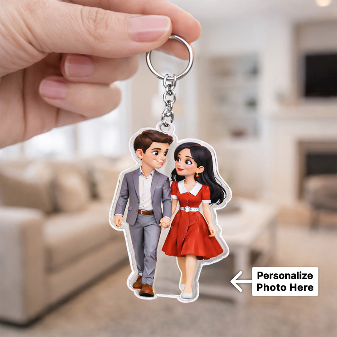 Personalized Couple Photo Acrylic Keychain – Custom Cartoon Style Hanging Keyring (2x2.5 Inch) | Love Craft Gifts