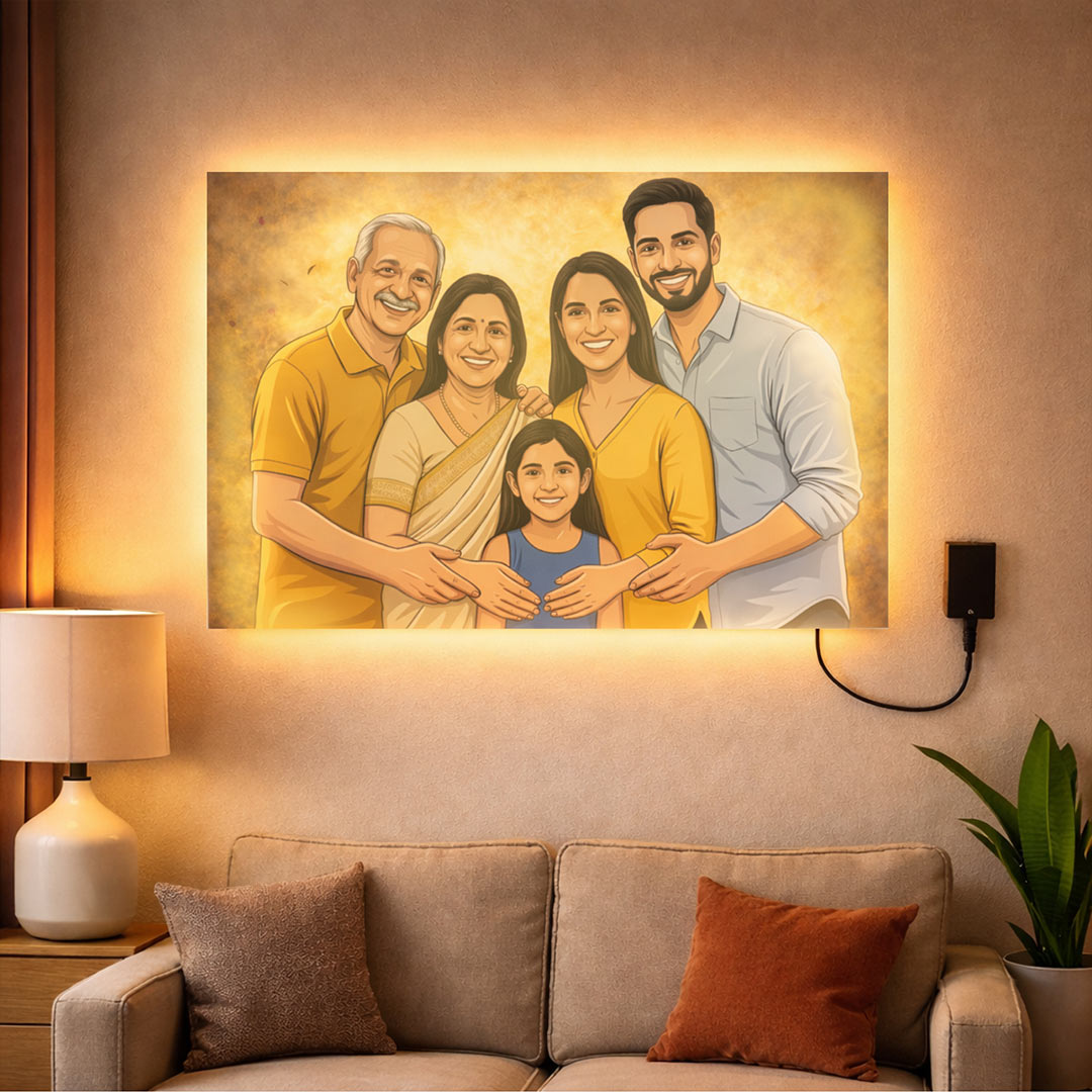 Personalized LED Acrylic Cartoon Family Wall Frame with Warm Light (24x36 Inch) Custom Photo Wall Décor Gift for Family | Love Craft Gifts