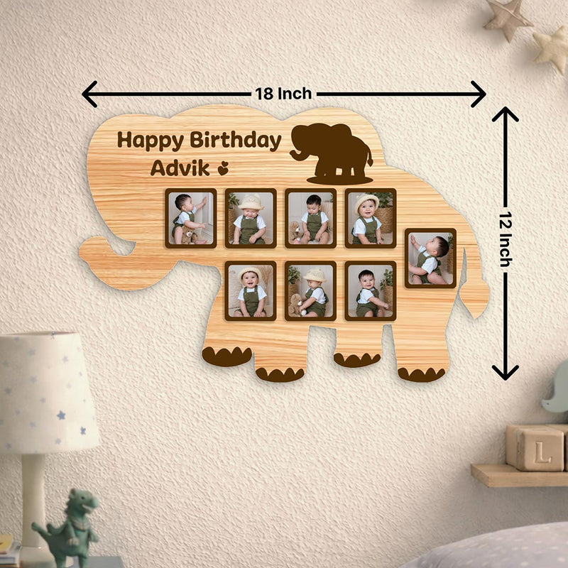 Personalized Elephant Baby Photo Frame – Custom Name Birthday Memory Wooden Wall Frame (18x12 Inch) | Love Craft Gifts™