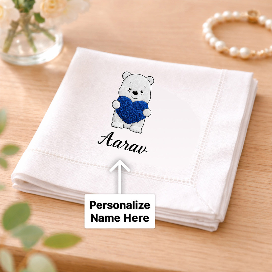 Personalized Baby Name Handkerchief with Teddy Design – Custom Soft Cotton Hanky Gift (Set of 1) | Love Craft Gifts