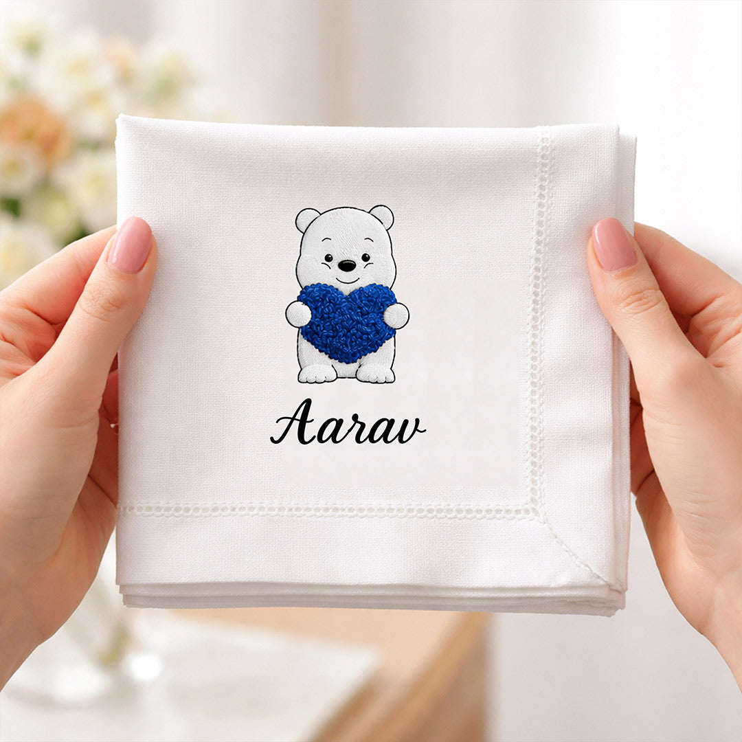 Personalized Baby Name Handkerchief with Teddy Design – Custom Soft Cotton Hanky Gift (Set of 1) | Love Craft Gifts