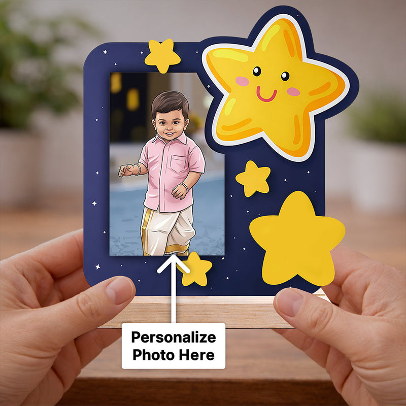 Personalized Kids Wooden Photo Frame with Cartoon Star Design (6x6 Inch) Custom Baby Picture Table Top Décor Gift | Love Craft Gifts