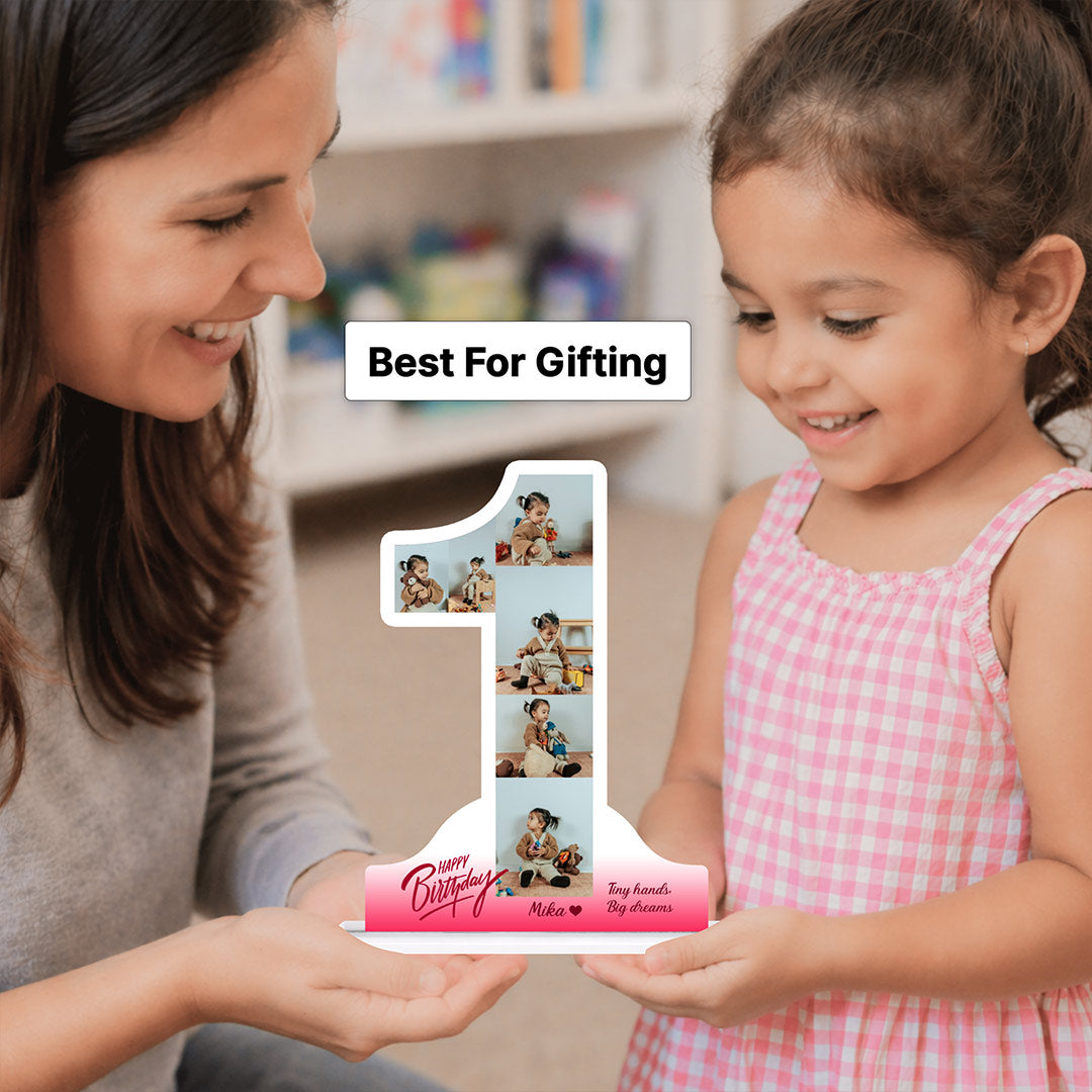 Personalized 1st Birthday Acrylic Photo Stand – Custom Number 1 Multi Photo Table Top with Name & Message (11x8 Inch) Baby Birthday Keepsake Gift | Love Craft Gifts
