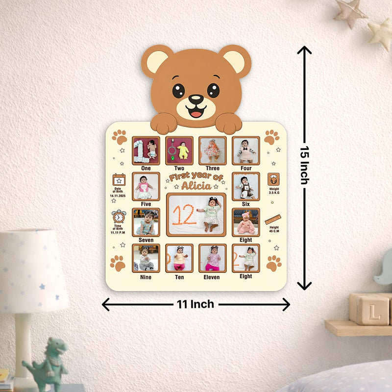 Personalized Baby First Year Photo Frame with Teddy Design – Custom Monthly Milestone Collage Wall Frame (11x15 Inch) | Love Craft Gifts™