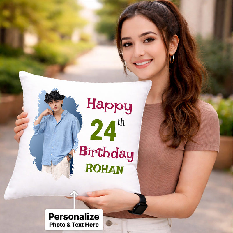 Personalized Birthday Photo Cushion Pillow with Name – Custom Soft Birthday Gift Cushion (10x10 Inch) | Love Craft Gifts