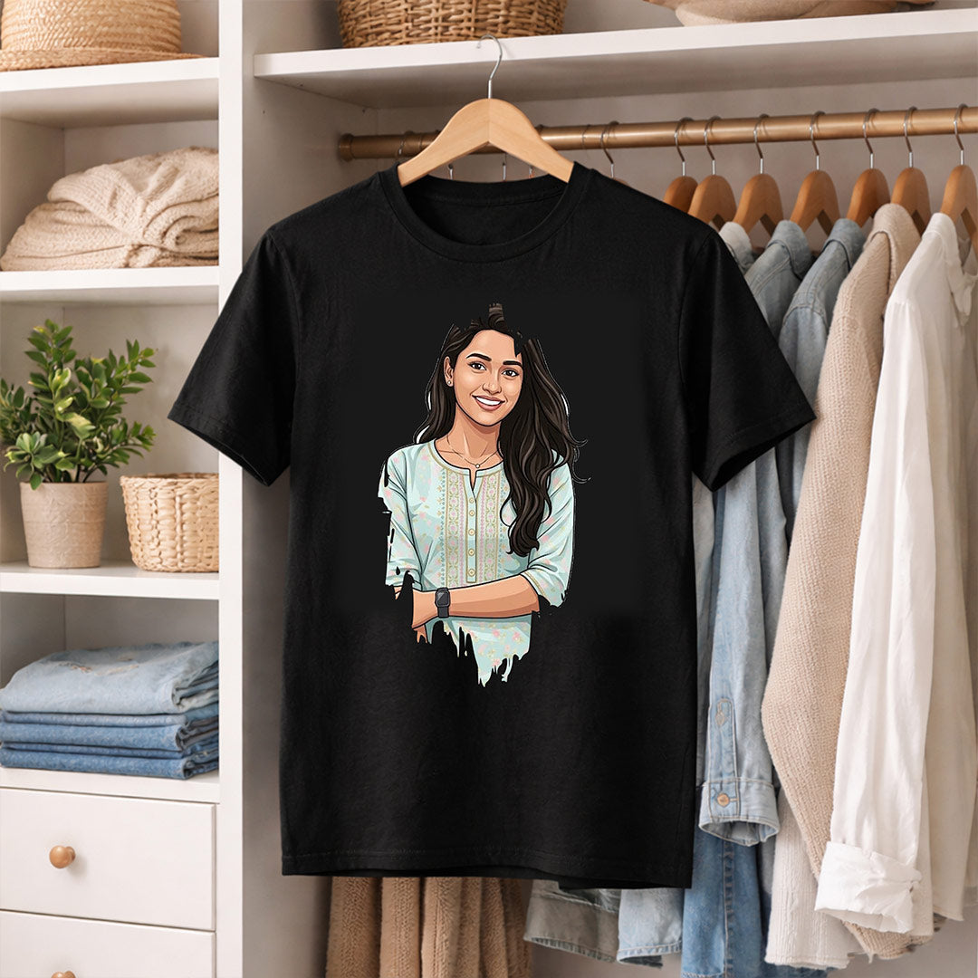 Personalized Drip Style Photo T-Shirt for Women – Custom Portrait Printed Black Tee (240–260 GSM) | Love Craft Gifts