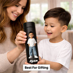 Personalized Temperature Water Bottle with Cartoon Photo & Name Custom Print Matte Black 500ml Stainless Steel LED Display Bottle Gift for Kids & Boys | Love Craft Gifts