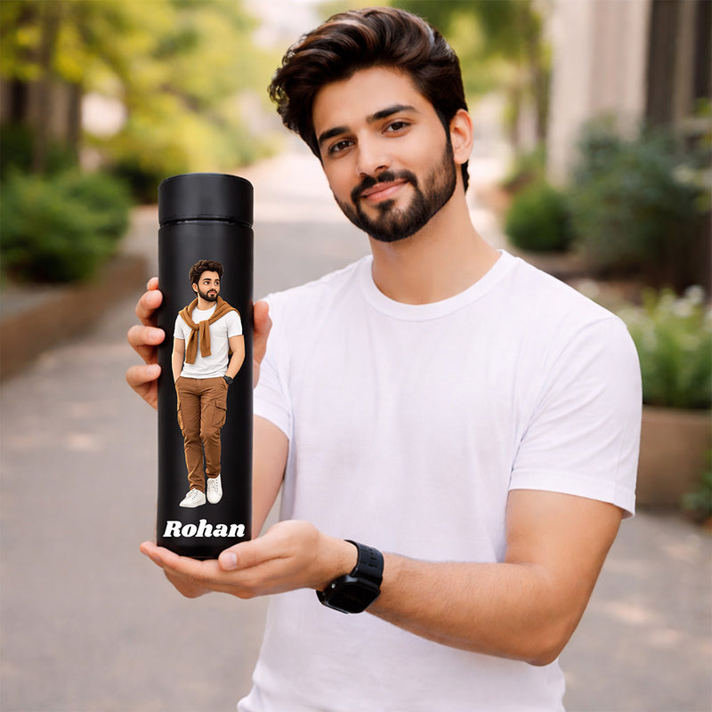 Personalized Temperature Display Water Bottle (500ml, Matte Black) Custom Photo & Name Smart Bottle Gift for Boys, Husband & Friends | Love Craft Gifts
