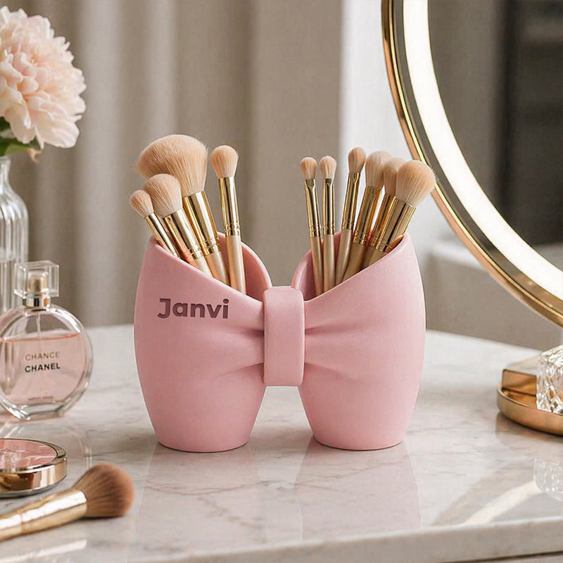 Personalized Bow Makeup Brush Holder Organizer (Standard Size) – Custom Name Vanity Storage Gift | Love Craft Gifts™