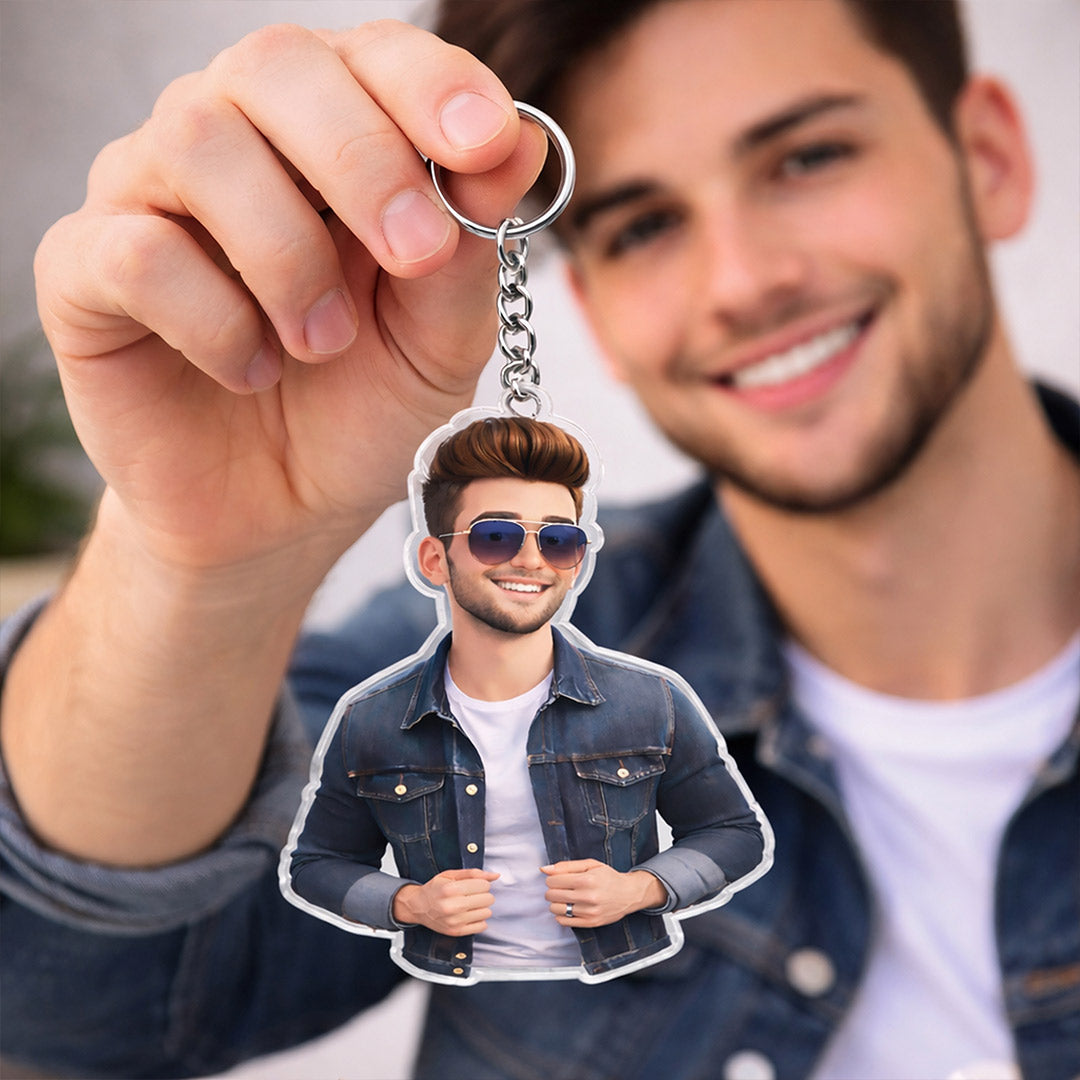 Personalized Boy Cartoon Acrylic Keychain – Custom Photo Stylish Character Keyring (2x2.5 Inch) | Love Craft Gifts