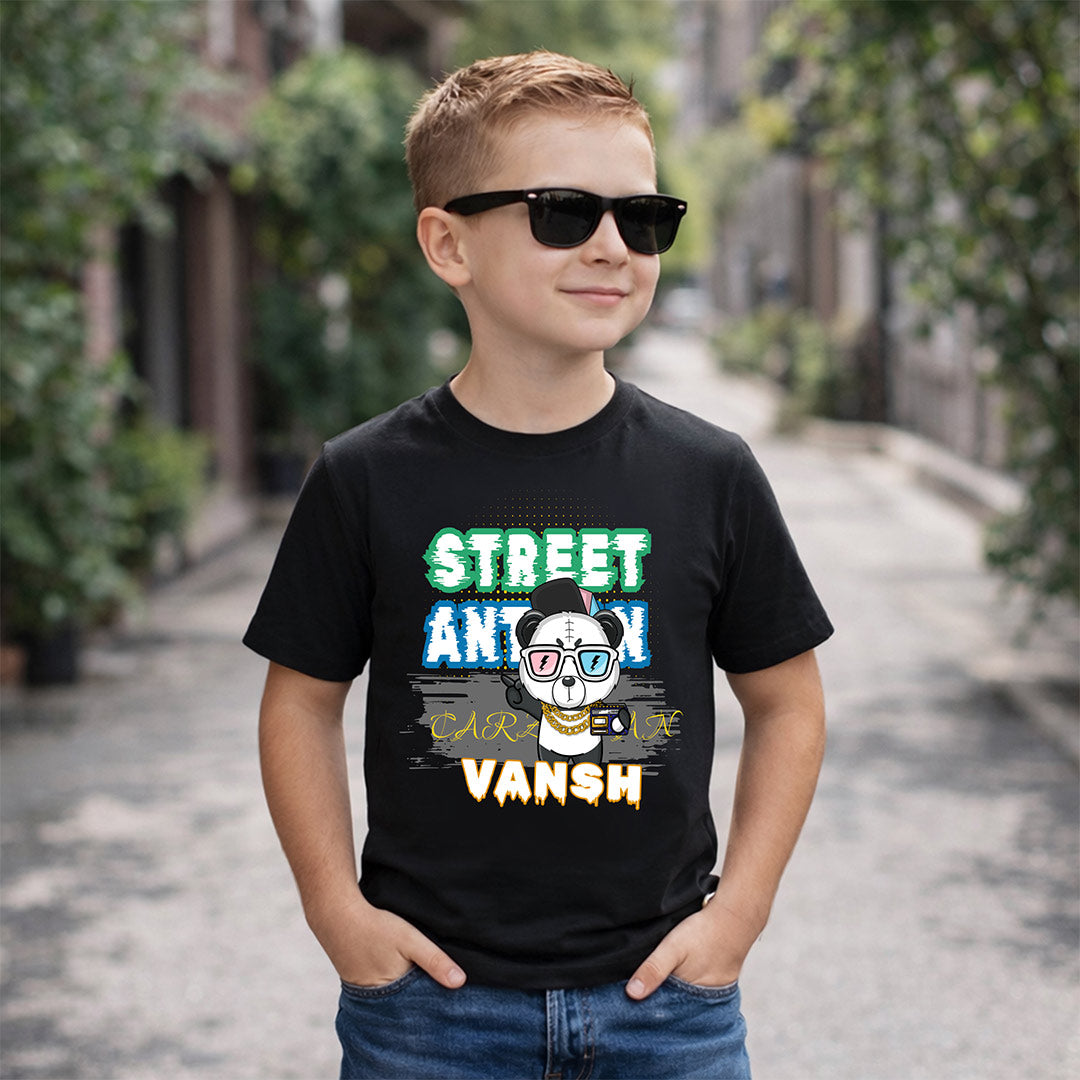 Personalized Street Animal Boys Black T-Shirt – Custom Name Printed Cool Panda Tee for Kids | Love Craft Gifts