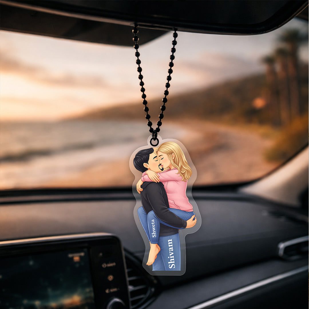 Personalized Couple Car Hanging with Cartoon Photo & Name Custom Acrylic Romantic Car Charm (3x2 Inch) Gift for Girlfriend, Boyfriend & Husband | Love Craft Gifts