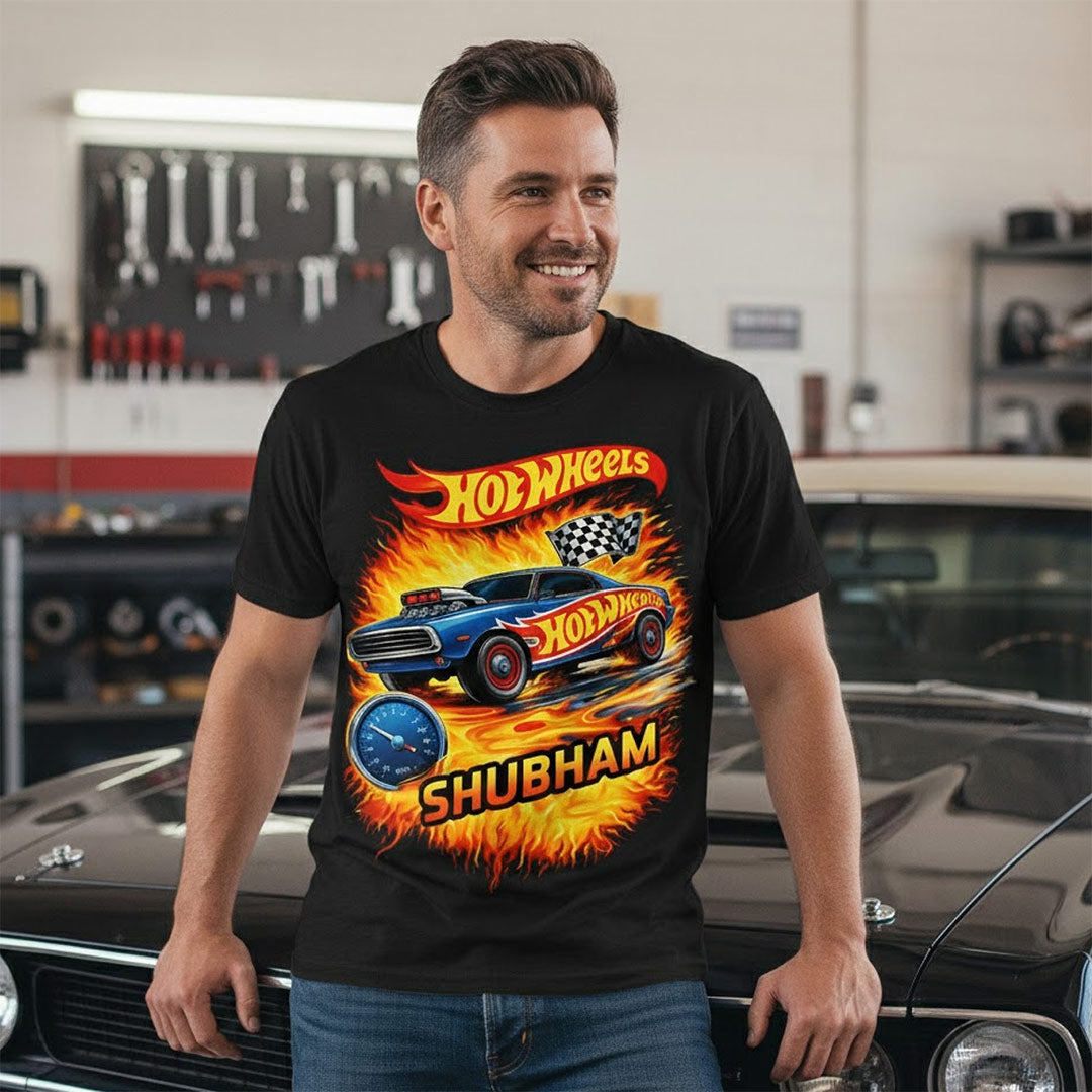 Personalized Hot Wheels Racing Car Name Print Black T-Shirt – Unisex Casual Wear | Love Craft Gifts