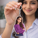 Personalized Girl Cartoon Acrylic Keychain – Custom Photo Cute Character Keyring (2x2.5 Inch) | Love Craft Gifts