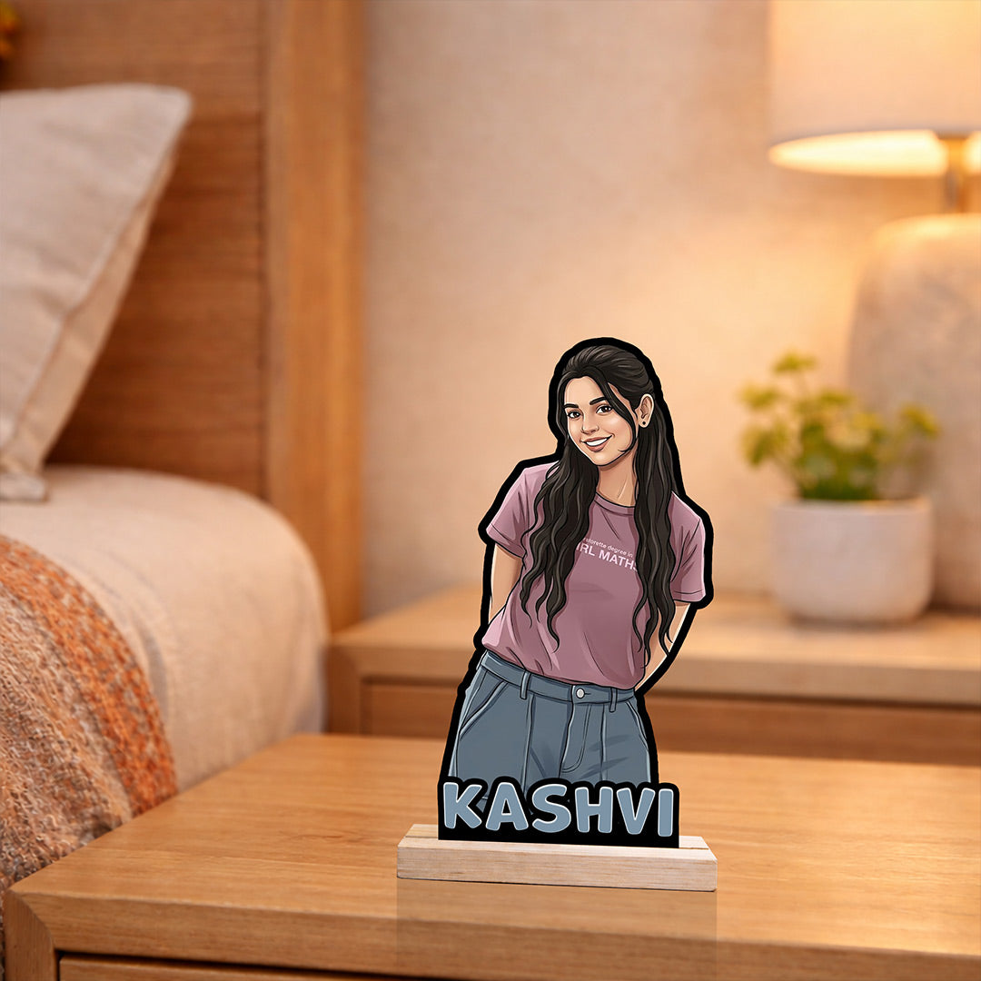 Personalized Cartoon Girl Photo Wooden Table Stand with Name (8 Inch) Custom Portrait Desk Décor Gift for Girlfriend, Sister & Best Friend | Love Craft Gifts