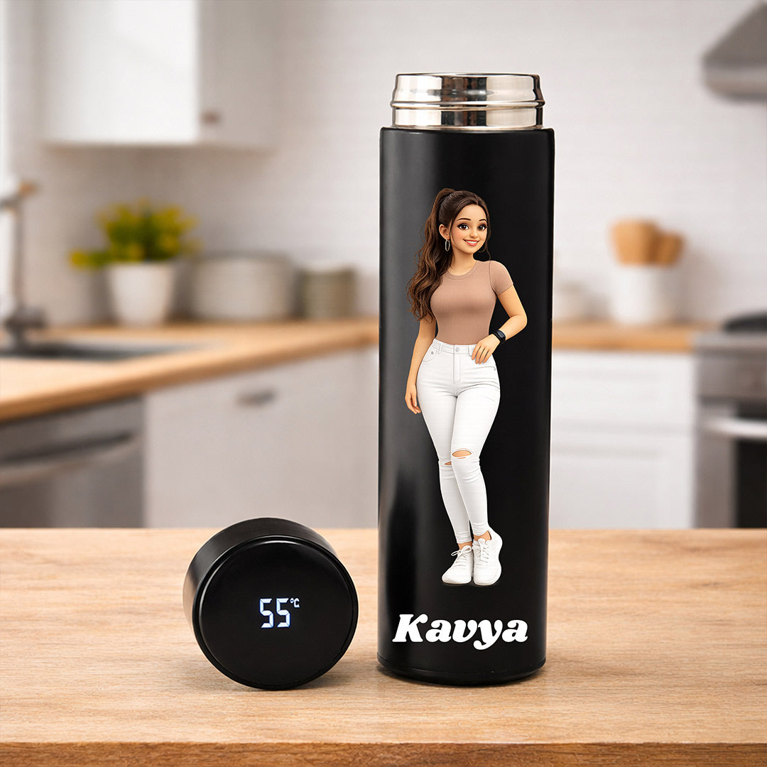 Personalized Cartoon Photo Water Bottle – Custom Name Printed Black Steel Bottle (500ml) Gift for Girls, Women & Friends | Love Craft Gifts