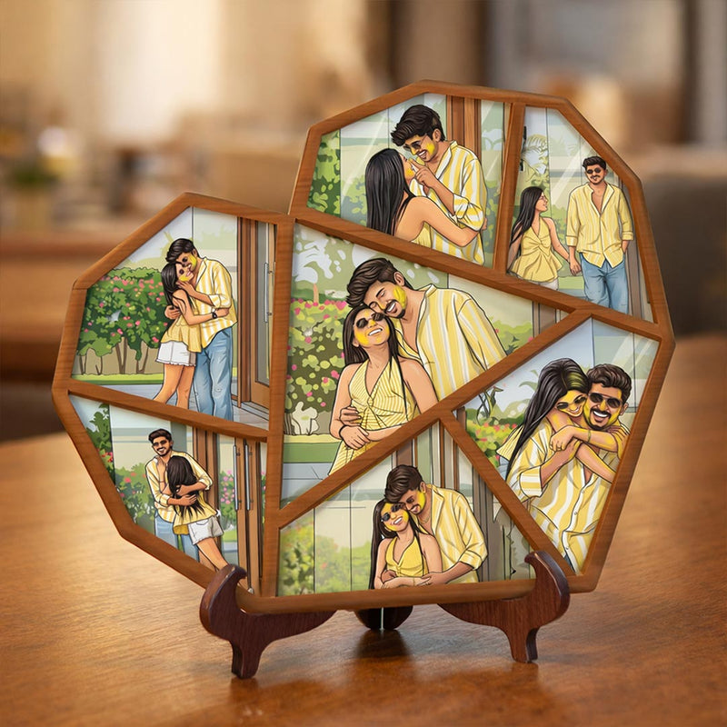 Personalized Multi Photo Wooden Collage Frame Table Stand – Custom Cartoon Photo Mosaic Frame Gift for Couples, Friends & Family (9x9 Inch) | Love Craft Gifts