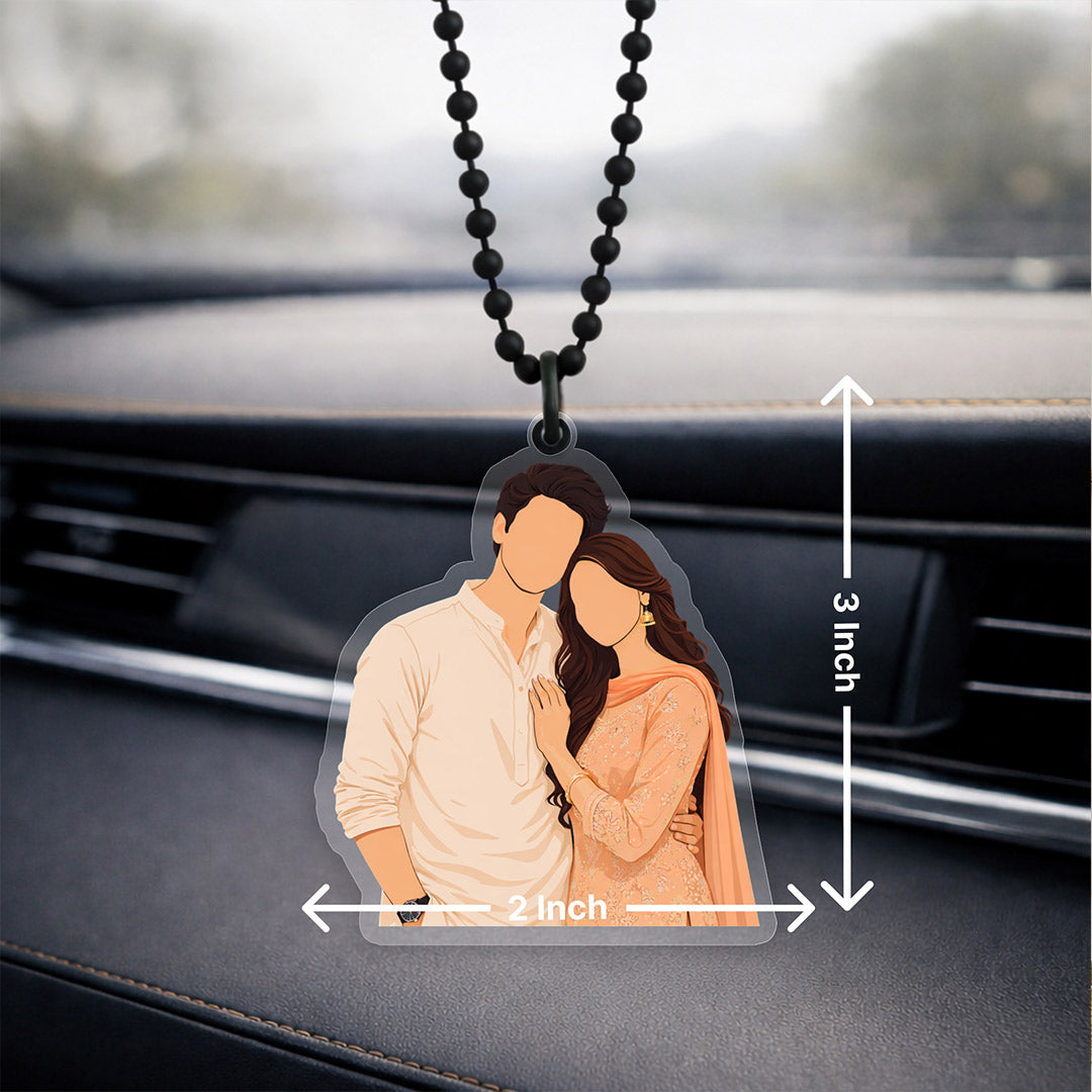 Personalized Faceless Couple Car Hanging – Custom Photo Acrylic Rear View Mirror Hanging Décor (2x3 Inch) | Love Craft Gifts